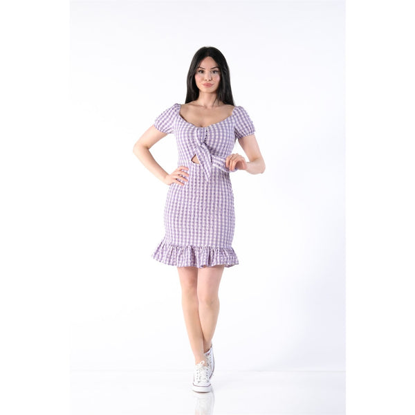 Neck Belted Plaid Lilac Dress | Montivo Pakistan
