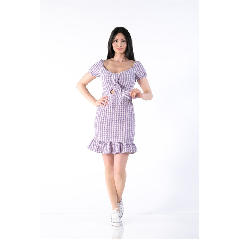 Neck Belted Plaid Lilac Dress | Montivo Pakistan