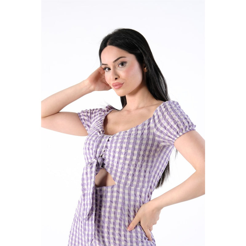 Neck Belted Plaid Lilac Dress | Montivo Pakistan