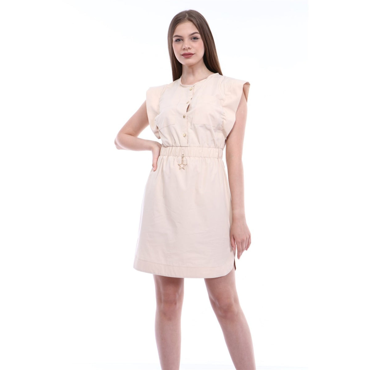 Sleeveless Mini Beige Poplin Dress | Montivo Pakistan