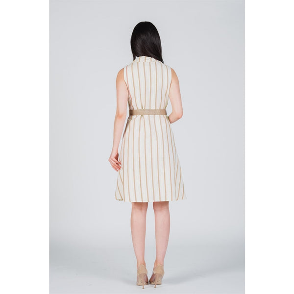 Beige Striped Belted Linen Dress | Montivo Pakistan