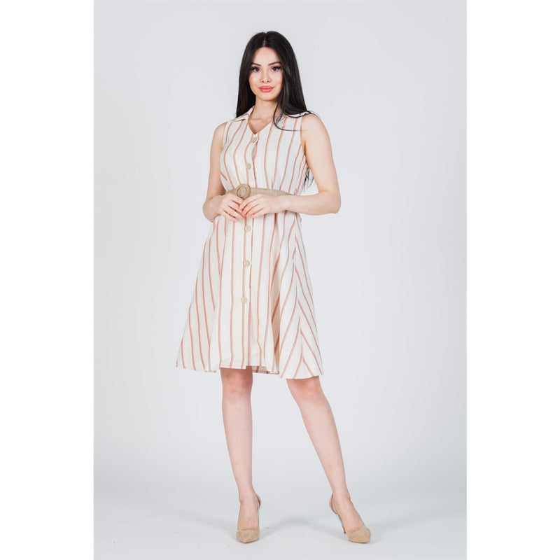 Red Striped Belted Linen Dress | Montivo Pakistan