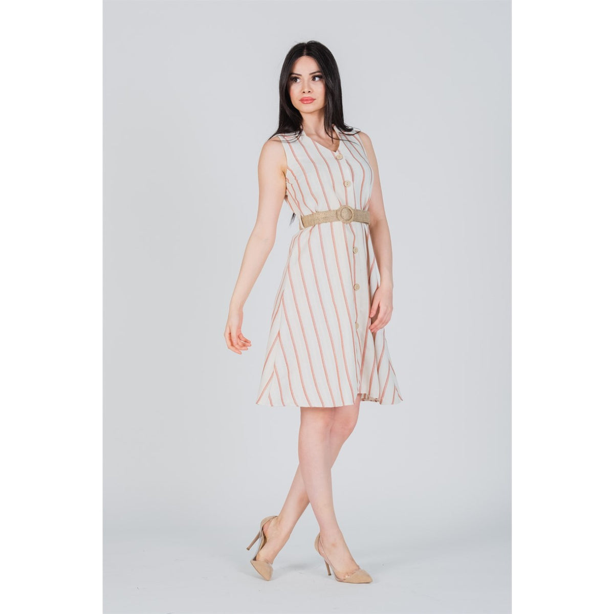Red Striped Belted Linen Dress | Montivo Pakistan