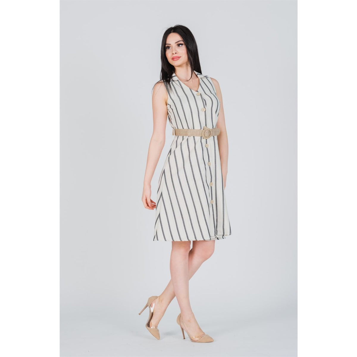 Black Striped Belted Linen Dress | Montivo Pakistan
