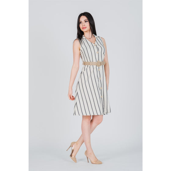 Black Striped Belted Linen Dress | Montivo Pakistan