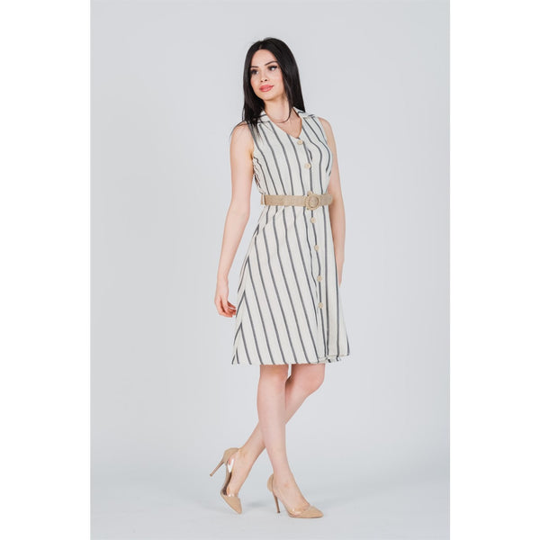 Black Striped Belted Linen Dress | Montivo Pakistan