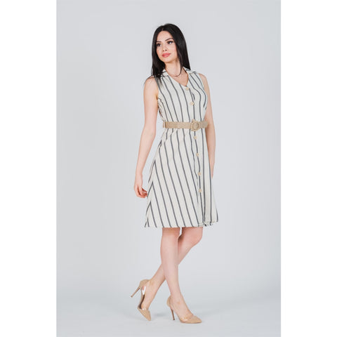 Black Striped Belted Linen Dress | Montivo Pakistan
