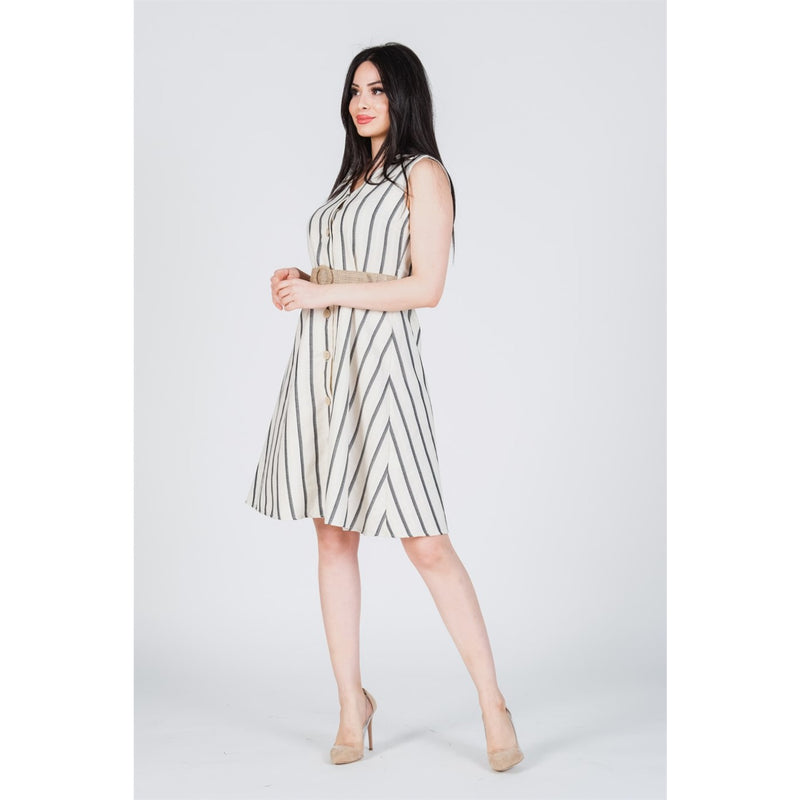 Black Striped Belted Linen Dress | Montivo Pakistan
