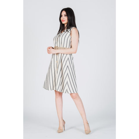 Black Striped Belted Linen Dress | Montivo Pakistan