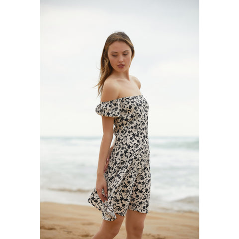 Off-Shoulder Cream Floral Dress | Montivo Pakistan