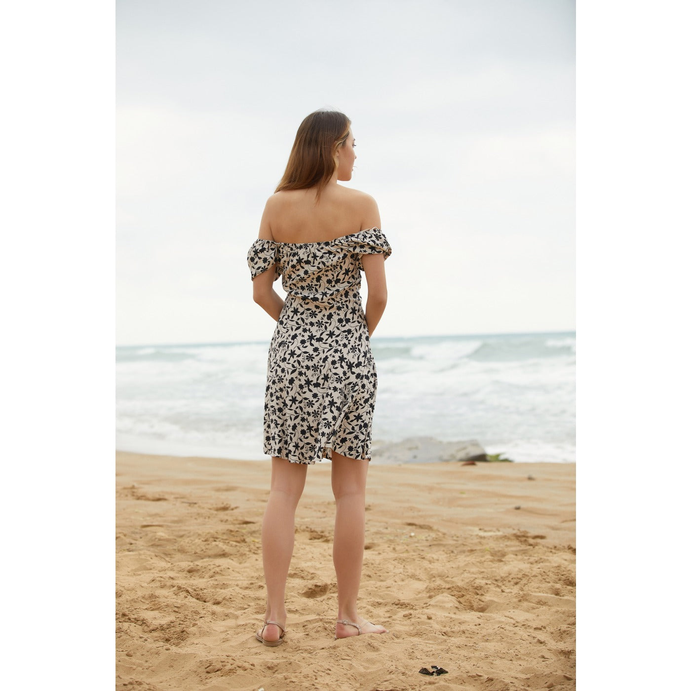 Off-Shoulder Cream Floral Dress | Montivo Pakistan