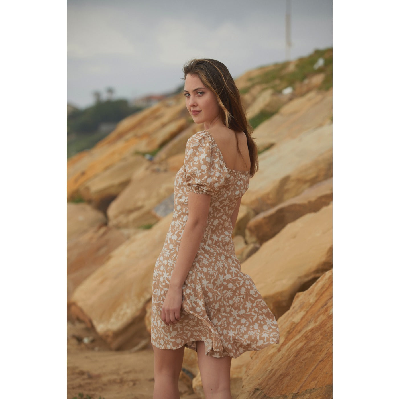 Off-Shoulder Beige Floral Dress | Montivo Pakistan