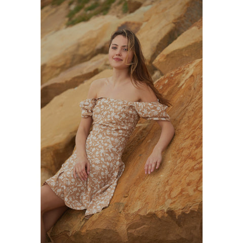 Off-Shoulder Beige Floral Dress | Montivo Pakistan