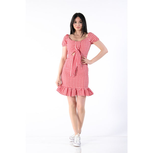 Neck Belted Plaid Red Dress | Montivo Pakistan