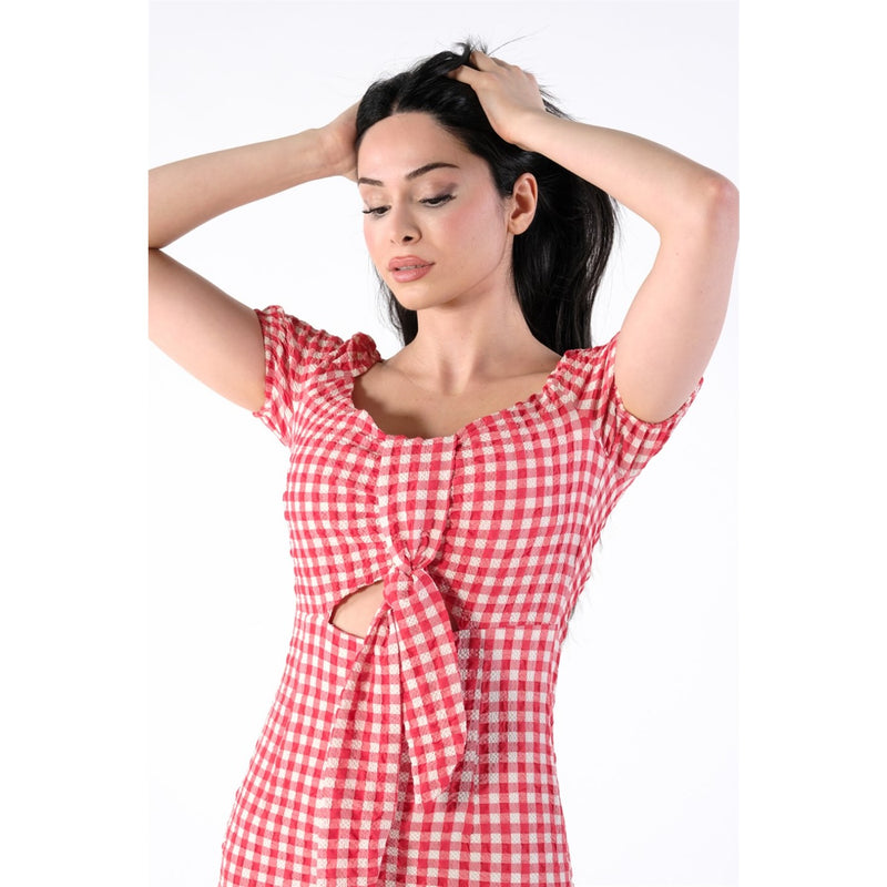 Neck Belted Plaid Red Dress | Montivo Pakistan