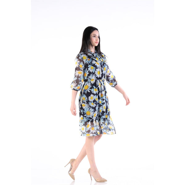 Indigo Neck Knotted Chiffon Dress | Montivo Pakistan