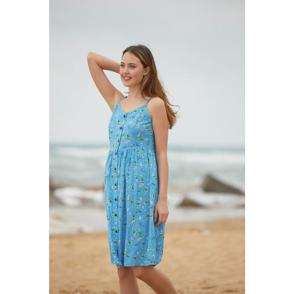 Blue Sleeveless Printed Viscose Dress | Montivo Pakistan