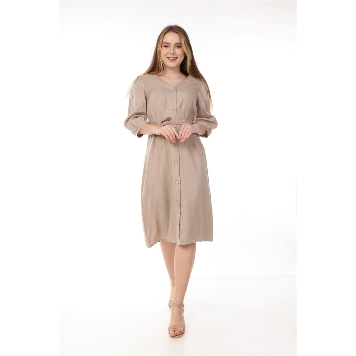 Beige Buttoned Linen Dress | Montivo Pakistan