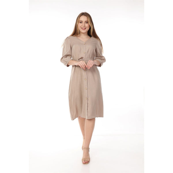 Beige Buttoned Linen Dress | Montivo Pakistan