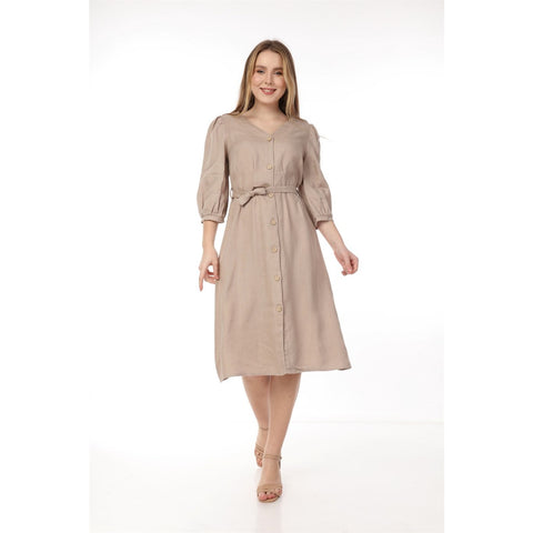 Beige Buttoned Linen Dress | Montivo Pakistan