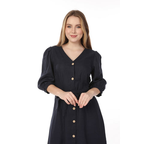 Navy Buttoned Linen Dress | Montivo Pakistan