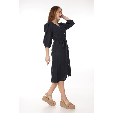 Navy Buttoned Linen Dress | Montivo Pakistan