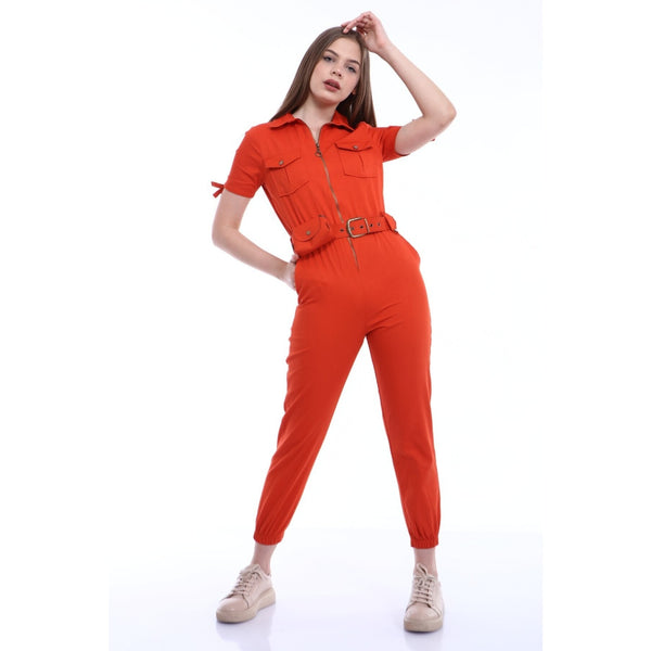 Red Short Sleeves Denim Jumpsuit | Montivo Pakistan
