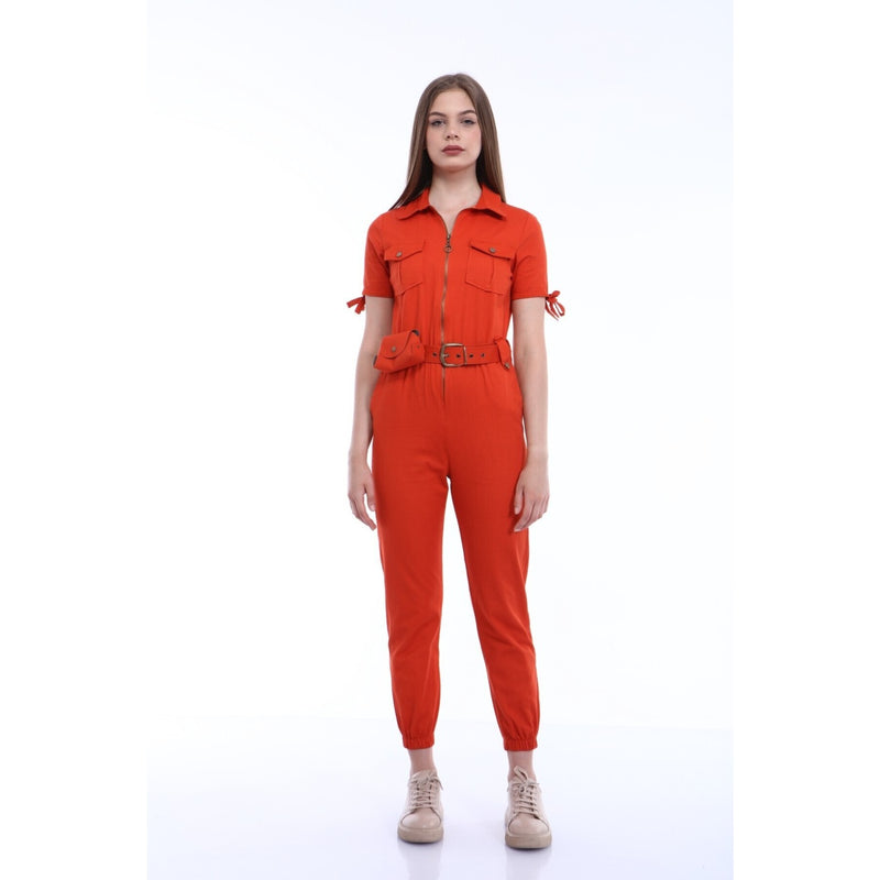 Red Short Sleeves Denim Jumpsuit | Montivo Pakistan