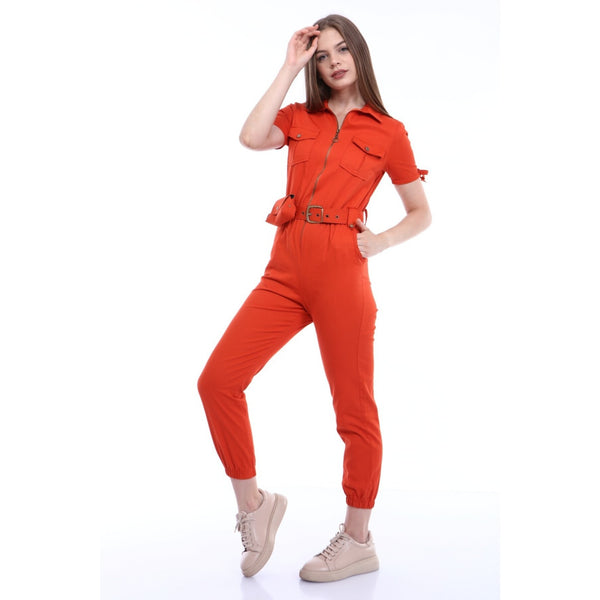 Red Short Sleeves Denim Jumpsuit | Montivo Pakistan