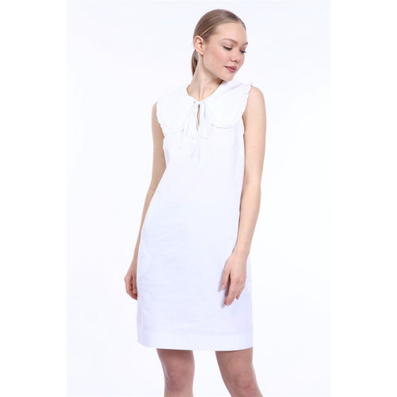 White Frill Neck Poplin Dress | Montivo Pakistan