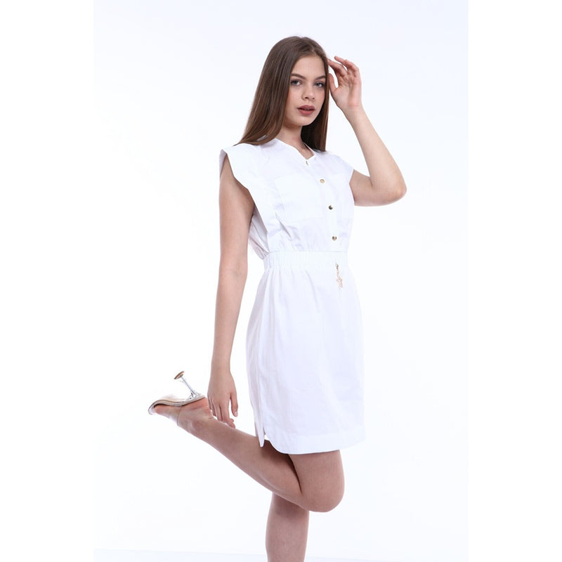 White Elastic Waist Double Pocketed Dress | Montivo Pakistan
