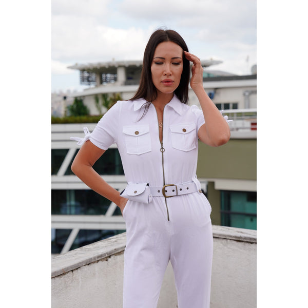 White Denim Bag Detailed Jumpsuit | Montivo Pakistan