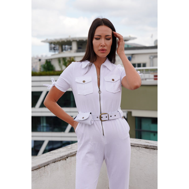 White Denim Bag Detailed Jumpsuit | Montivo Pakistan
