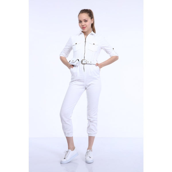 White Denim Bag Detailed Jumpsuit | Montivo Pakistan