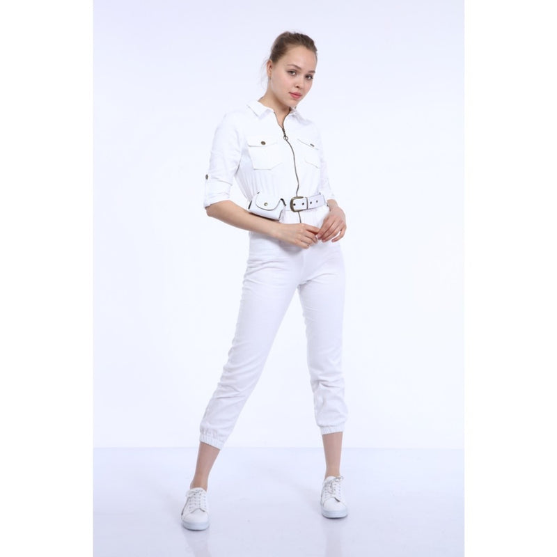 White Denim Bag Detailed Jumpsuit | Montivo Pakistan