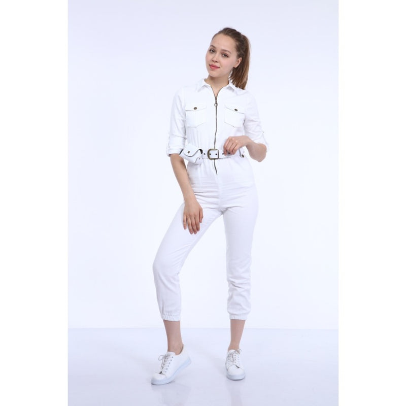 White Denim Bag Detailed Jumpsuit | Montivo Pakistan