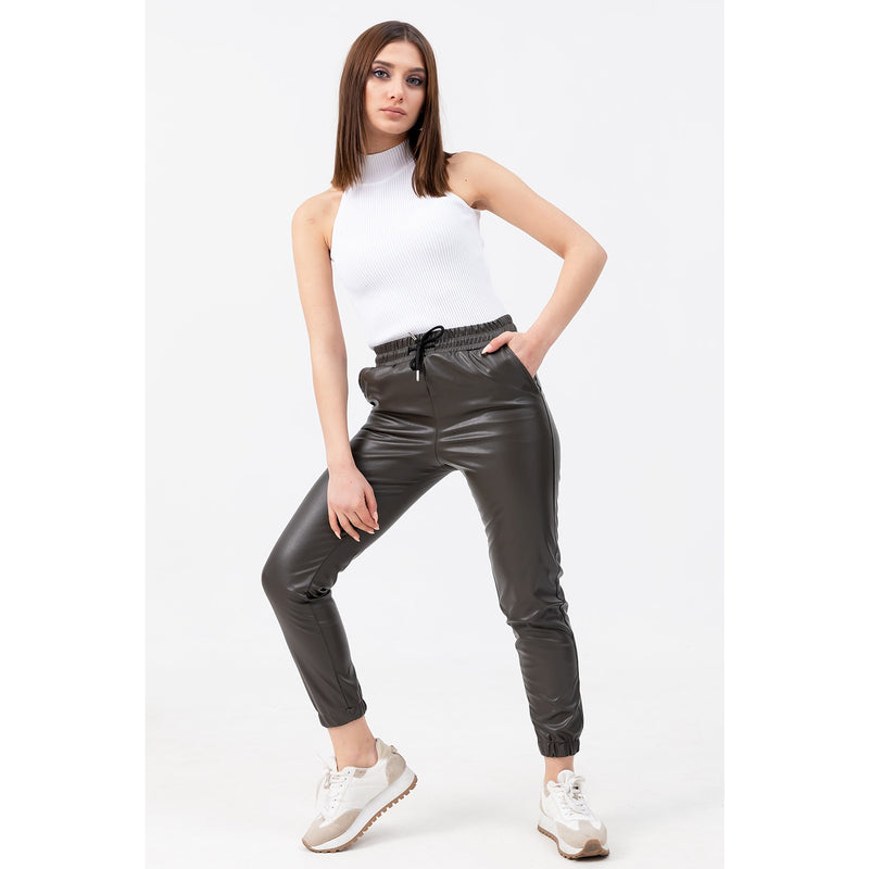 Faux Leather Khaki Joggers | Montivo Pakistan