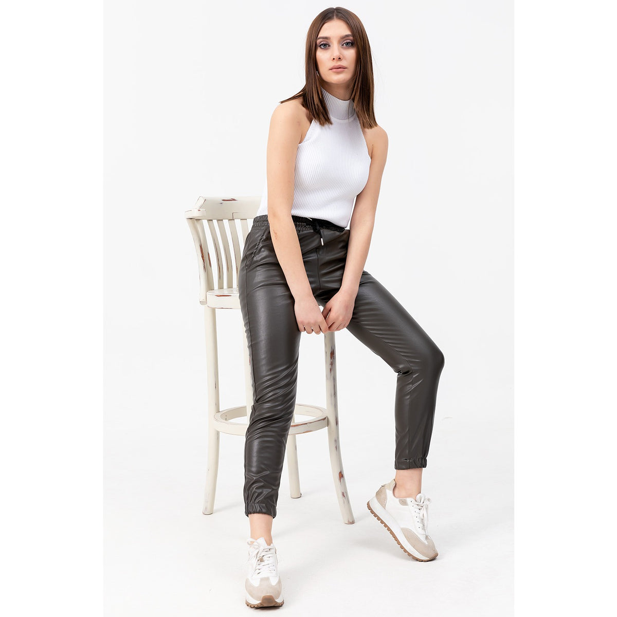 Faux Leather Khaki Joggers | Montivo Pakistan