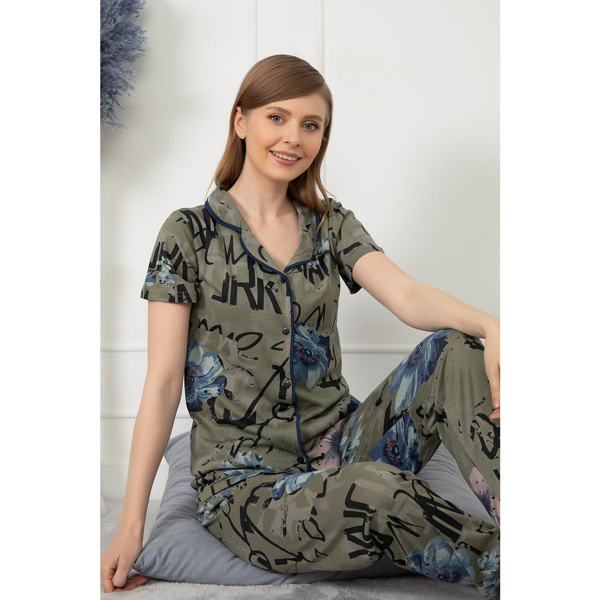 Green Printed Buttoned Pajamas Set | Montivo Pakistan