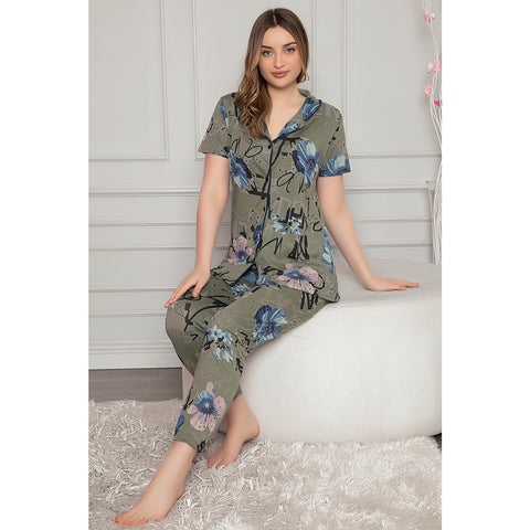 Green Printed Buttoned Pajamas Set | Montivo Pakistan