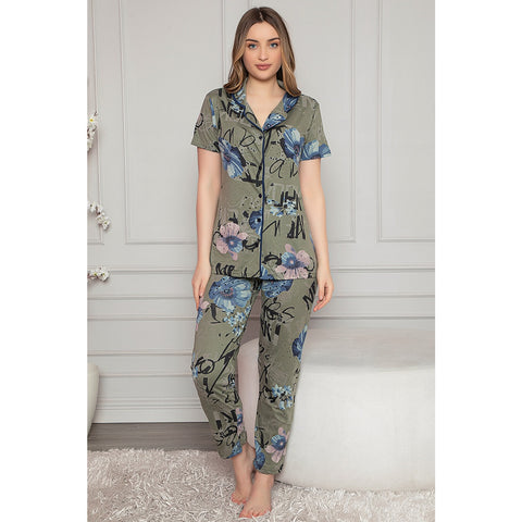 Green Printed Buttoned Pajamas Set | Montivo Pakistan
