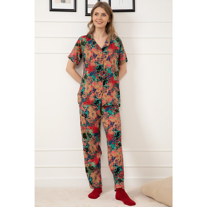 Red Patterned Buttoned Pajamas Set | Montivo Pakistan