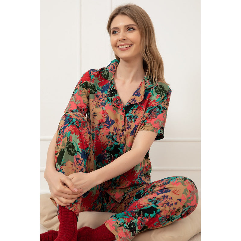 Red Patterned Buttoned Pajamas Set | Montivo Pakistan