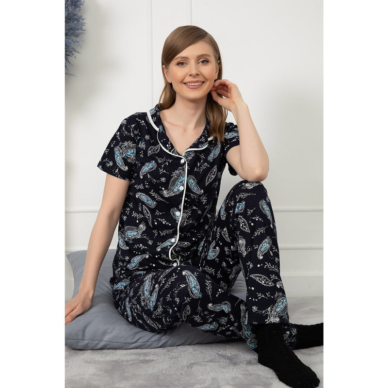 Navy Patterned Buttoned Pajamas Set | Montivo Pakistan