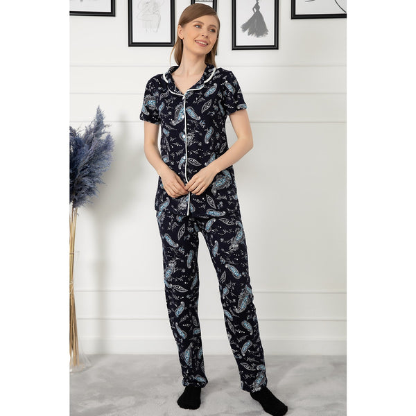 Navy Patterned Buttoned Pajamas Set | Montivo Pakistan
