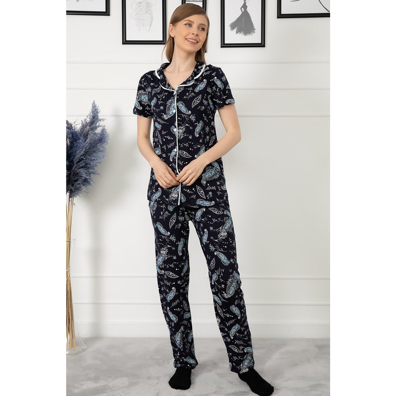 Navy Patterned Buttoned Pajamas Set | Montivo Pakistan