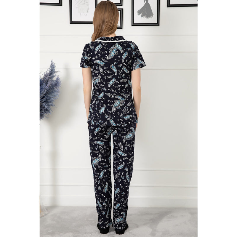 Navy Patterned Buttoned Pajamas Set | Montivo Pakistan
