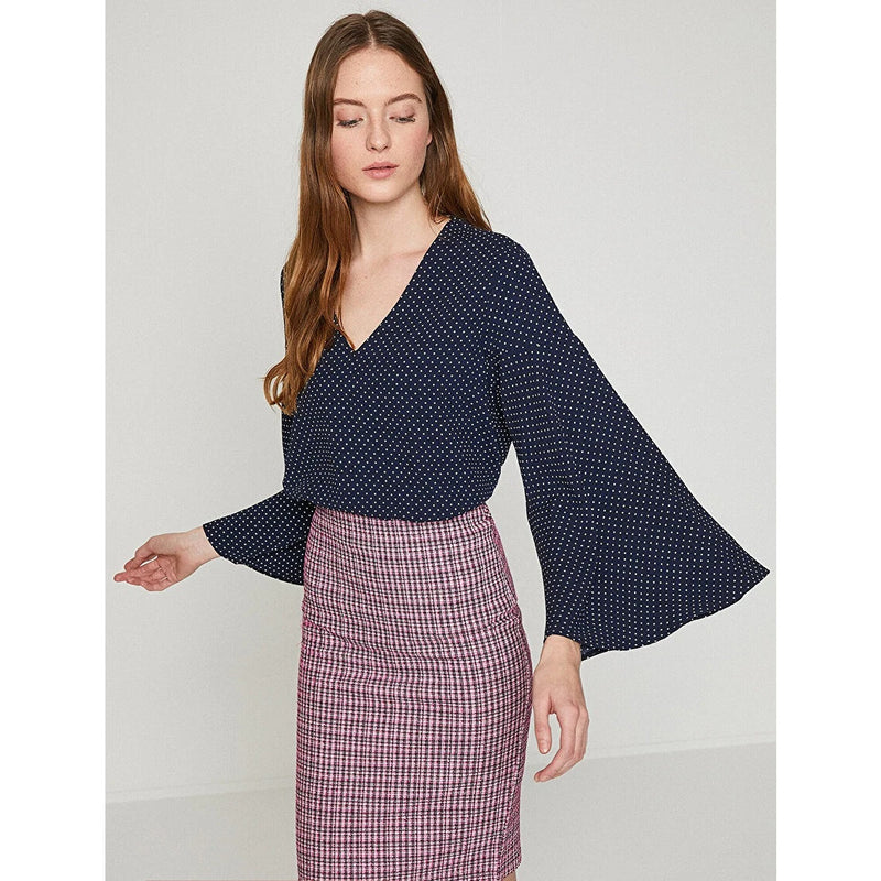 Navy Printed V Neck Blouse | Montivo Pakistan
