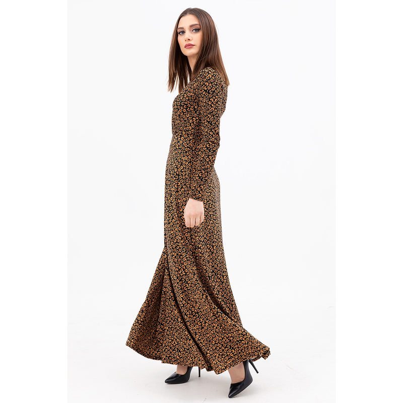 Coffee Floral Long Dress | Montivo Pakistan