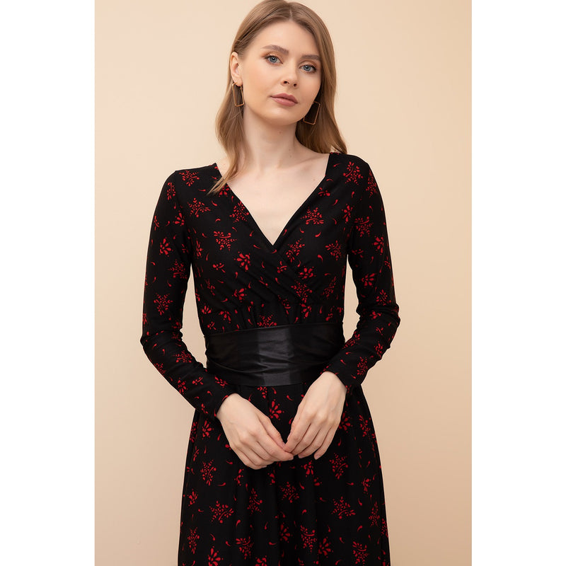 Floral Red Double Breasted Collar Dress | Montivo Pakistan